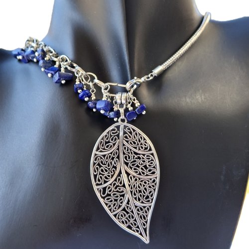 Sautoir "feuille de lapis" – acier & rhodium
