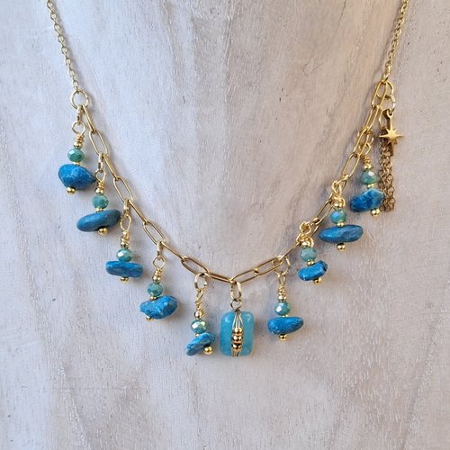 Collier "étoile turquoise" – acier inoxydable doré & pierres naturelles