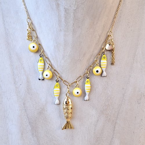 Collier choker poissons jaunes en acier inoxydable doré – bijou bord de mer et breloques émail