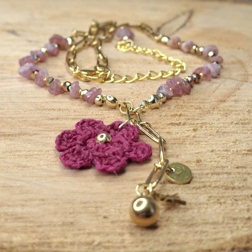 Collier "douceur de rhodonite" – pierres naturelles & crochet prune