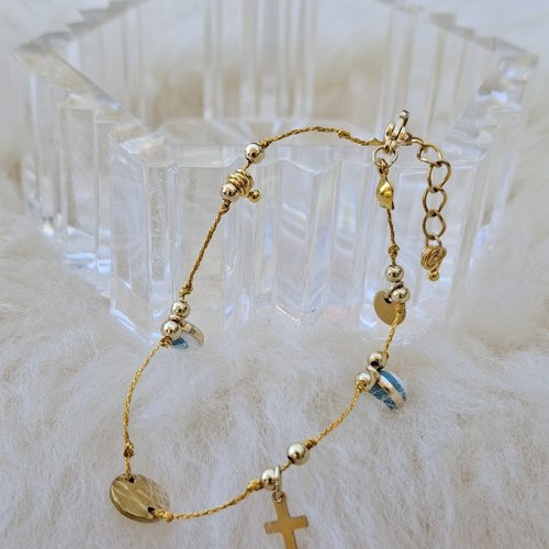 Bracelet fin doré - breloques œils protecteurs & croix