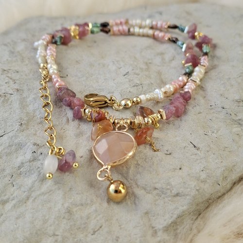 Collier ras du cou "rhodonite & douceur" – pierres naturelles et acier doré