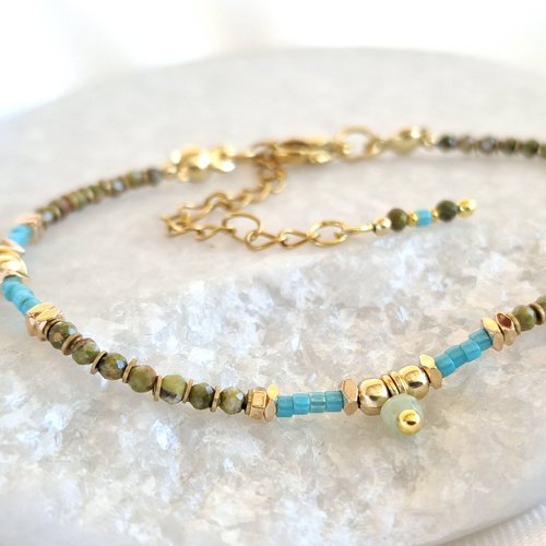 Bracelet en pierres naturelles et acier inoxydable doré - collection éclats singuliers - teintes turquoise et olive