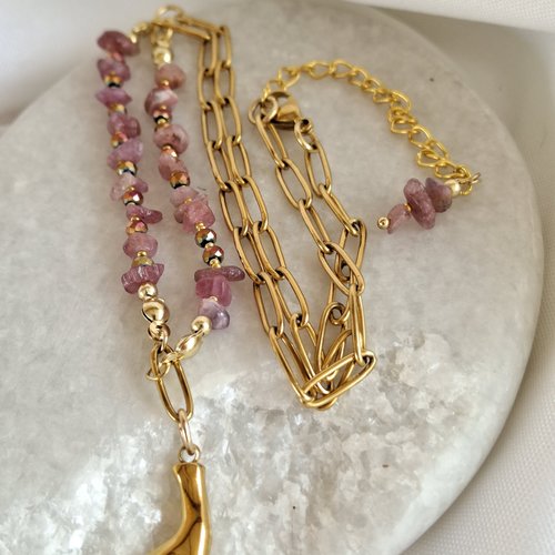 Sautoir corail en acier inoxydable doré et perles chips rhodonite rose
