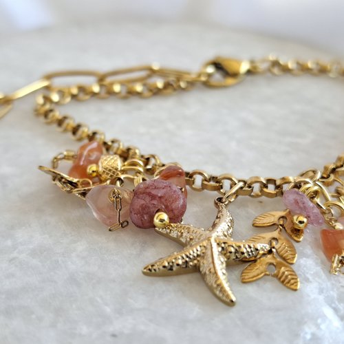 Bracelet breloques étoile de mer & rhodonite – acier inoxydable doré