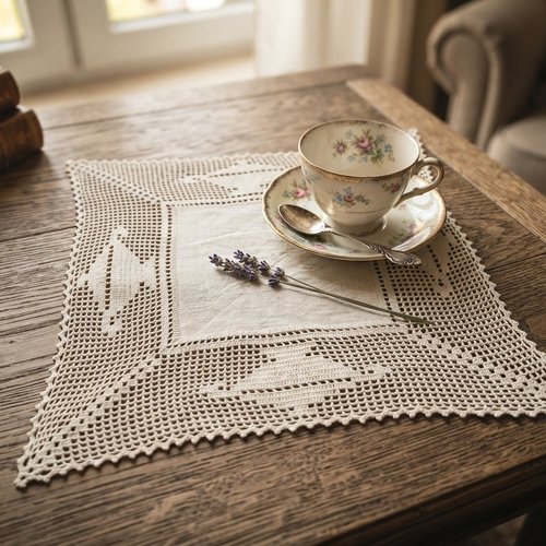 Napperon carré artisanal tissu métis et bordure crochet motif soupière - crème 32 cm