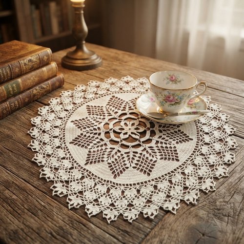 Napperon rond motif étoile dentelle crochet main - coton blanc 43 cm