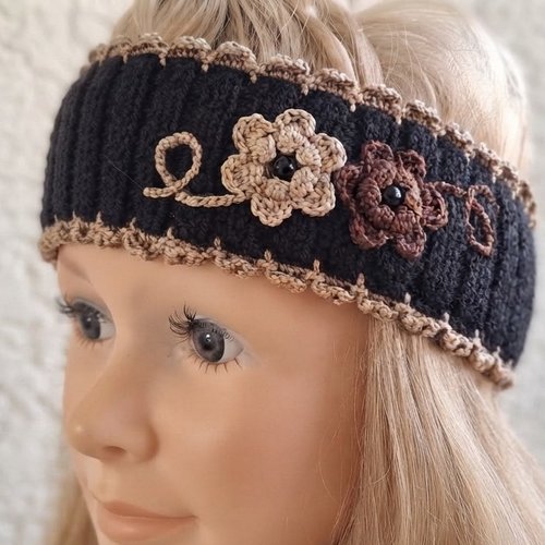 Bandeau cache-oreilles tricoté main fleurs crochet