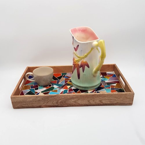 Grand plateau carré en bois et mosaique verre multicolore - fait main
