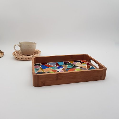 Petit plateau rectangle en bois et mosaique verre multicolore - fait main