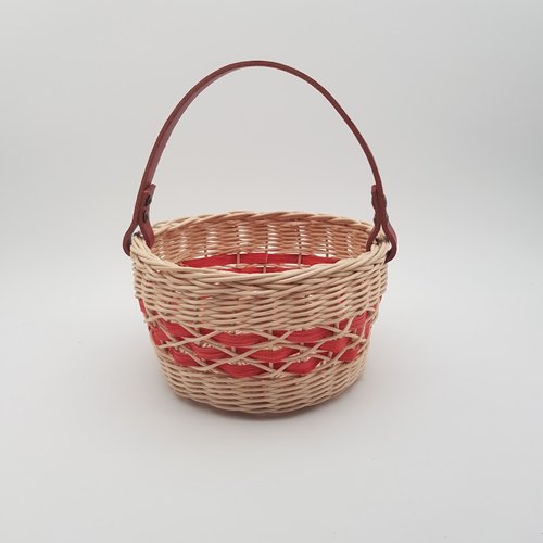 Petit panier rond en rotin écru et rouge - anse cuir rouge