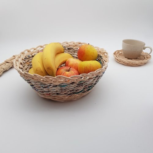 Coupe à fruits - petite corbeille ronde rotin naturel  écru et papier recyclé - fait main