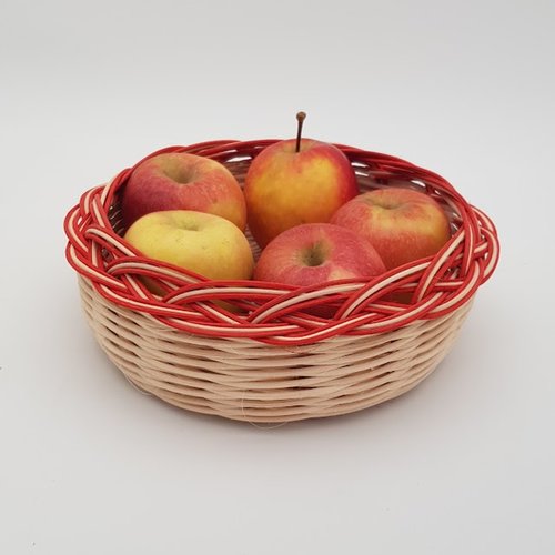 Corbeille ronde en rotin naturel écru et rouge - fait main