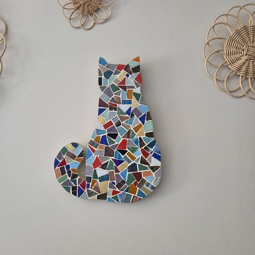 Dessous de plat ou décoration murale chat multicolore en mosaique  - fait main