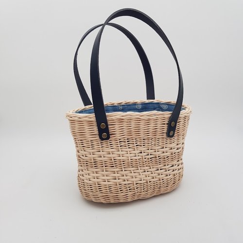 Panier sac en rotin naturel écru avec pochon tissu démontable - fait main