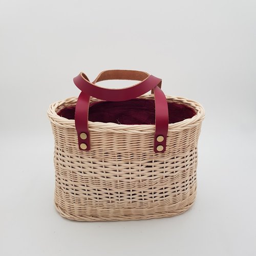 Panier sac en rotin naturel écru avec pochon tissu bordeaux démontable - anses cuir bordeaux - fait main