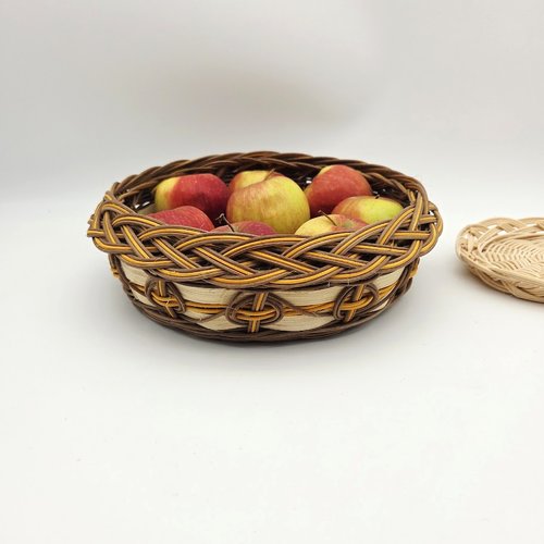 Corbeille ronde en rotin naturel écru marron et ocre - fait main