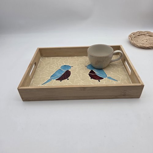 Plateau rectangle en bois et mosaique verre et gré cerame oiseaux bleus - fait main