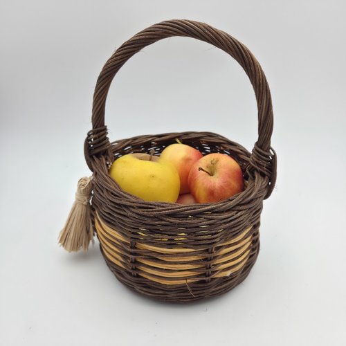 Petit panier rond idéal pour enfant en rotin marron et ocre- anse cuir marron