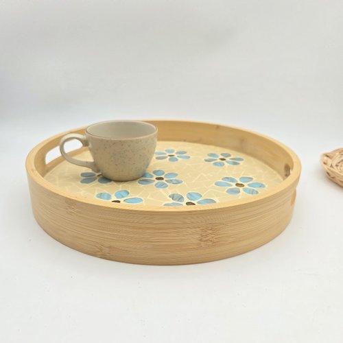 Grand plateau rond en bois et mosaique verre et gré cérame fleurs bleues - fait main