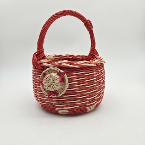 Petit panier rond idéal pour enfant en rotin rouge et écru - anse rotin rouge