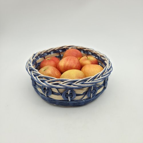 Corbeille ronde en rotin naturel écru et bleu - fait main