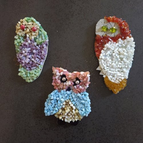 Magnets - aimants de réfrigérateur - chouettes hiboux  mosaique - fait main