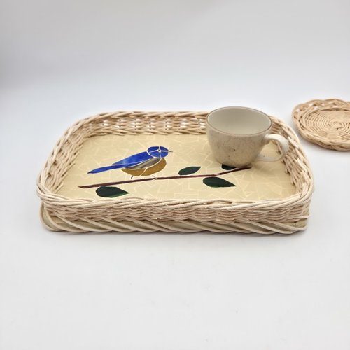 Plateau rectangle - oiseau sur sa branche - en mosaïque et vannerie rotin - entièrement fait main