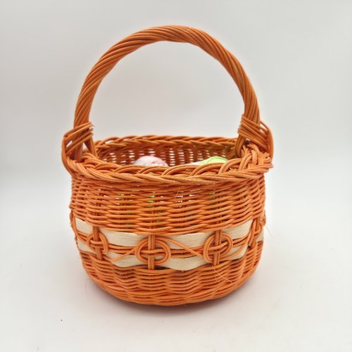 Petit panier rond idéal pour enfant en rotin orange et beige - anse rotin - entièrement tressé main