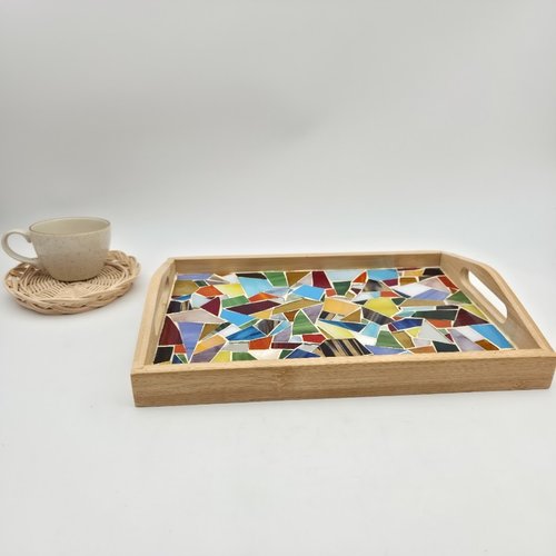 Plateau rectangle en bois et mosaique verre multicolore - fait main