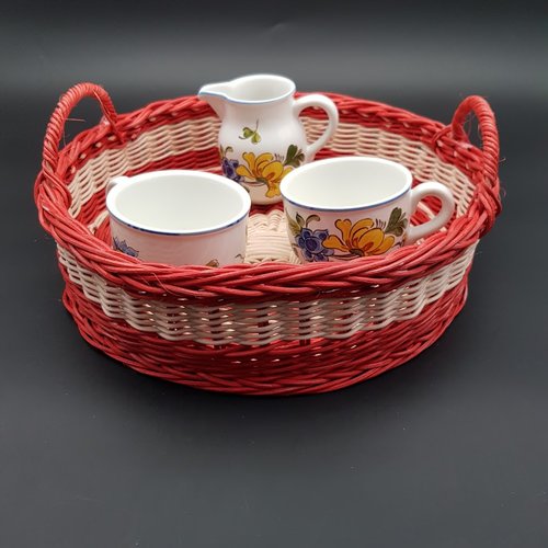 Plateau rouge en rotin naturel écru et rouge- corbeille à fruits - panière à pain ronde