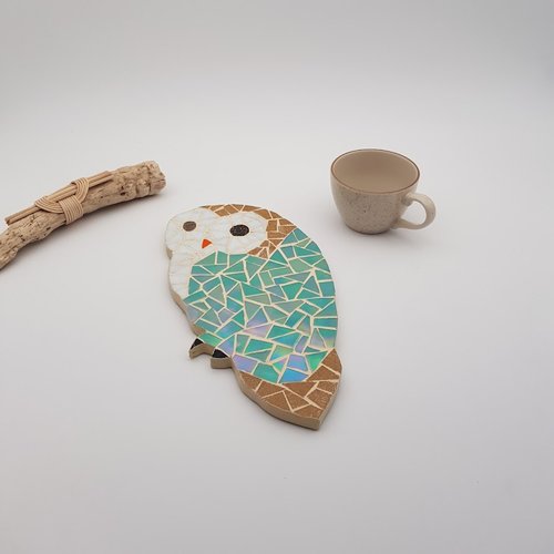 Dessous de plat chouette - hibou - vert turquoise - mosaique pâtes de verre - fait main