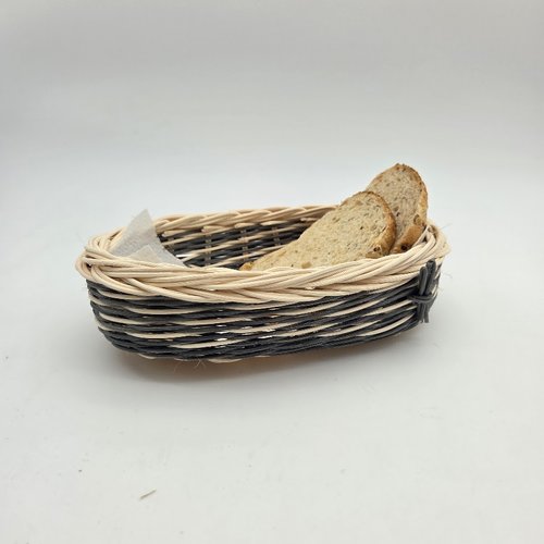 Vide-poche - coupelle - petite corbeille allongée - plateau en rotin naturel écru et bleu ardoise - fait main