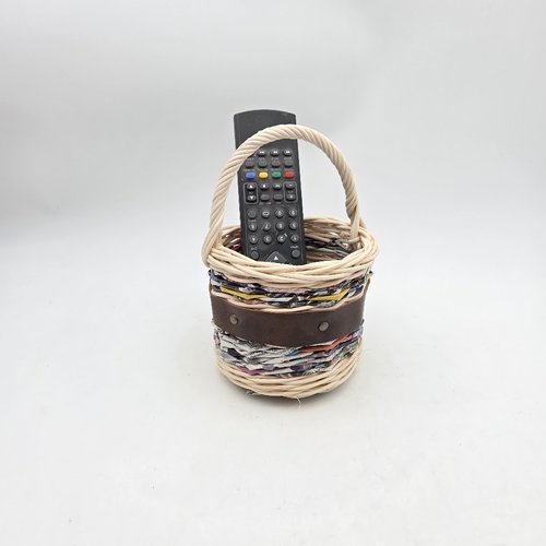 Mini panier - rangement télécommandes - pot à crayons -  en rotin naturel écru et papier recyclé - fait main