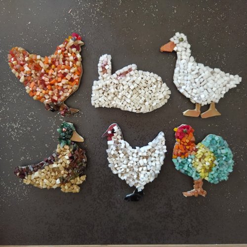 Magnets - aimants de réfrigérateur - basse-cour - poules - coq - lapin - oie - canard - mosaique verre - fait main