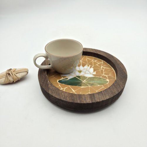 Petit plateau - vide-poche ou tableau mural - nénuphar - mosaique pâte de verre et gré cérame - fait main
