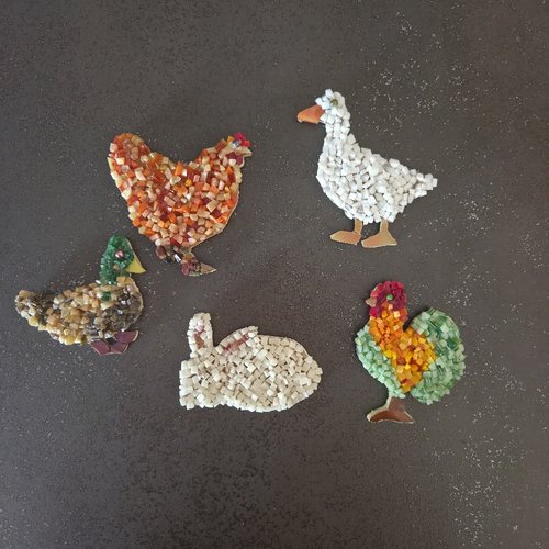 Magnets - aimants de réfrigérateur - basse-cour - poules - coq - lapin - oie - canard - mosaique verre - fait main