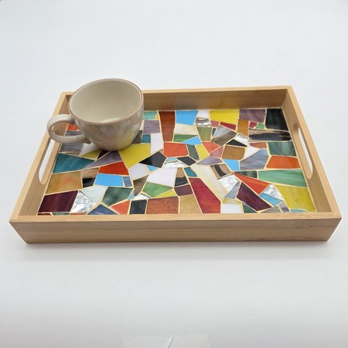 Pplateau rectangle en bois et mosaique verre multicolore - fait main