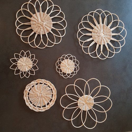 Décorations murales fleur ou rond rotin naturel écru, décorations bohèmes