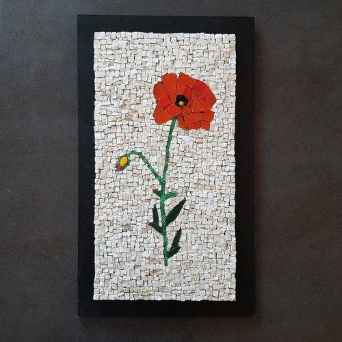 Tableau coquelicot mosaique - verre artisanal albertini® et pierre naturelle travertin sur support bois