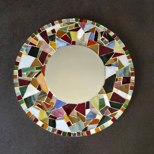 Miroir décoratif rond en mosaique verre multicolore multicolore  tons verts sur support bois