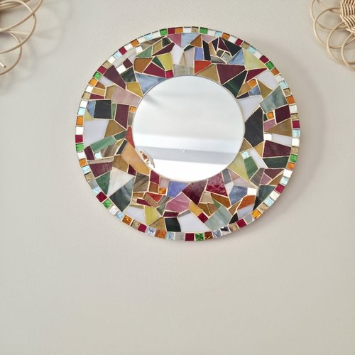 Miroir décoratif rond en mosaique verre multicolore multicolore  tons verts sur support bois