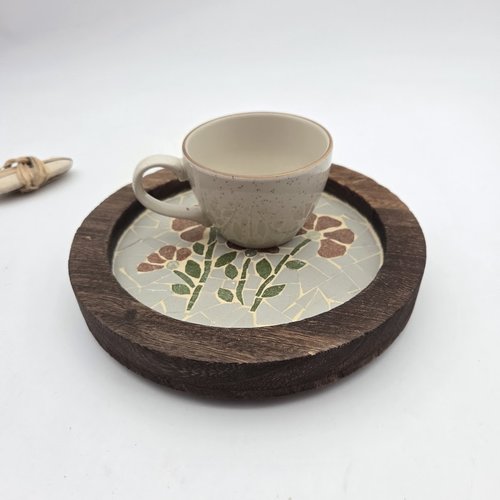 Petit plateau - vide-poche ou tableau mural - fleurs orangées - mosaique pâte de verre et gré cérame - fait main