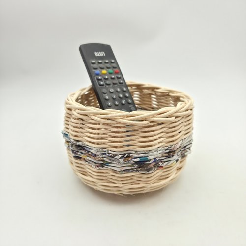 Pot - rangement - vide-poche - gros bol -  en rotin naturel écru et papier recyclé - fait main