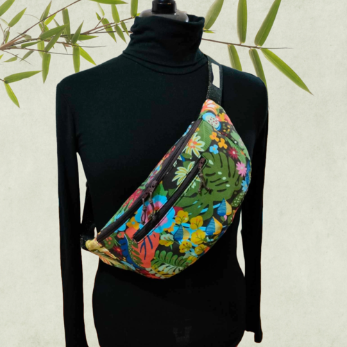 Sac banane en coton grandes fleurs, 3 poches