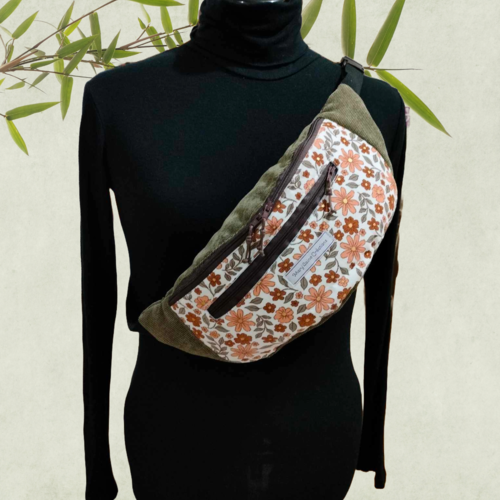 Sac banane en coton grandes fleurs, 3 poches