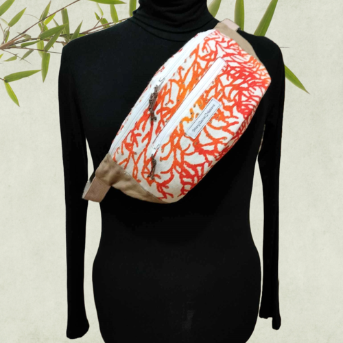 Sac banane en coton tissé motif algues, 2 poches