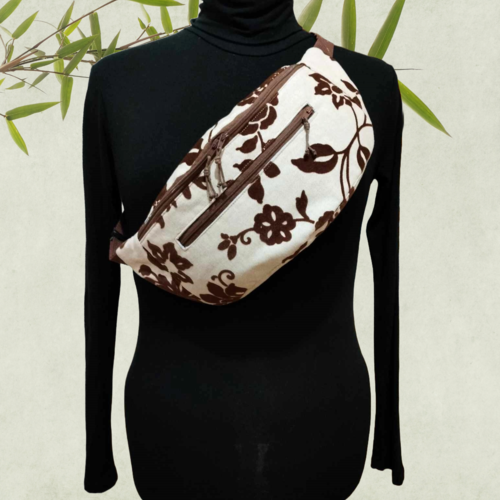 Sac banane en coton et velours fleuris, 3 poches