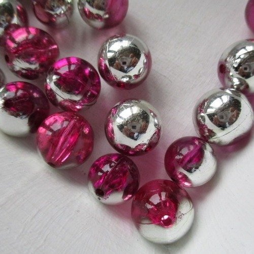 22 perles plastique ronde de couleur fuchsia et métallisée -  + ou - 14 mm - 8023557