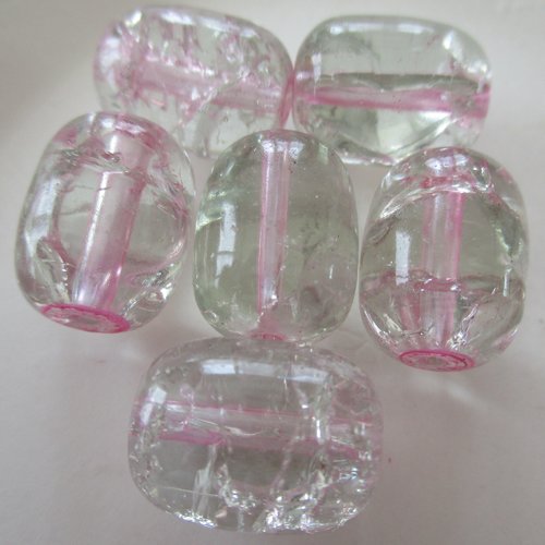 6 perles cylindriques en verre craquelé rose - 15 mm - 3822762